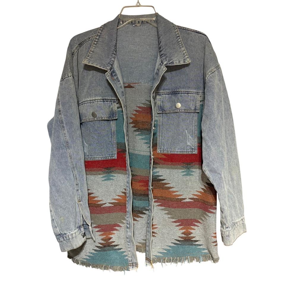 Vintage Denim Jacket Mens XL Aztec Southwestern Blue Red Frayed Hem Excellent